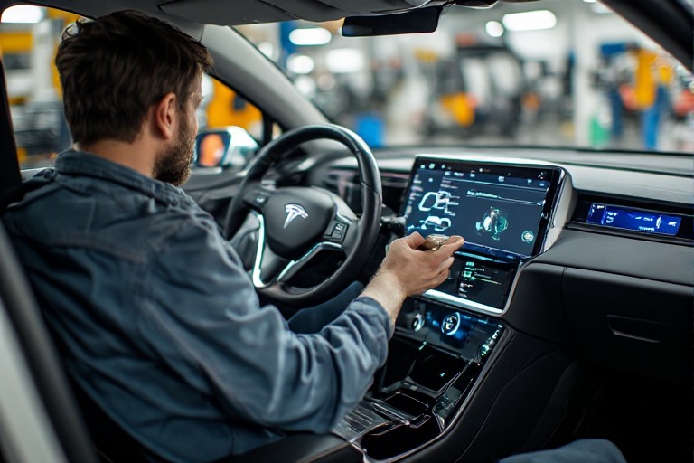 mechanik testuje baterię w aucie elektrycznym BEV